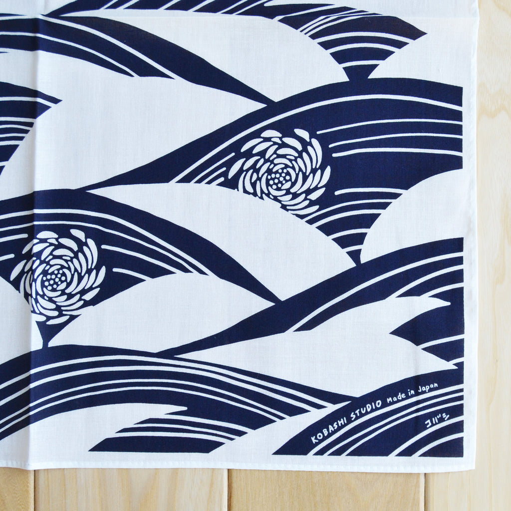 Japanese Chrysanthemum Bandana in White and Navy “Kiku-sui”