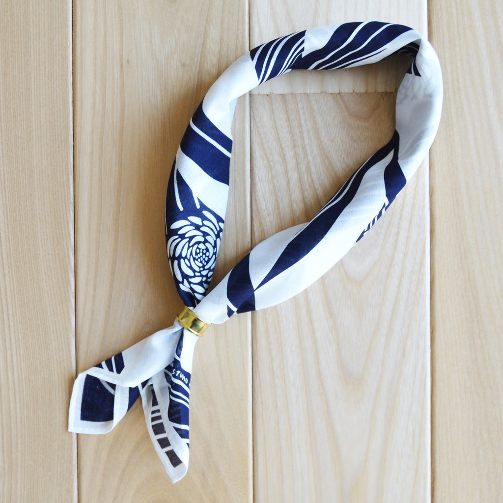 Japanese Chrysanthemum Bandana in White and Navy “Kiku-sui”