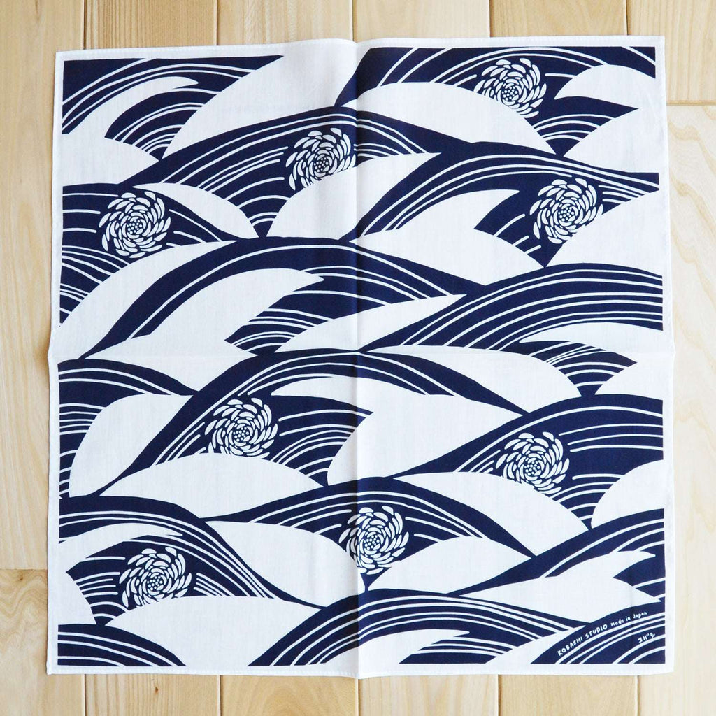 Japanese Chrysanthemum Bandana in White and Navy “Kiku-sui”
