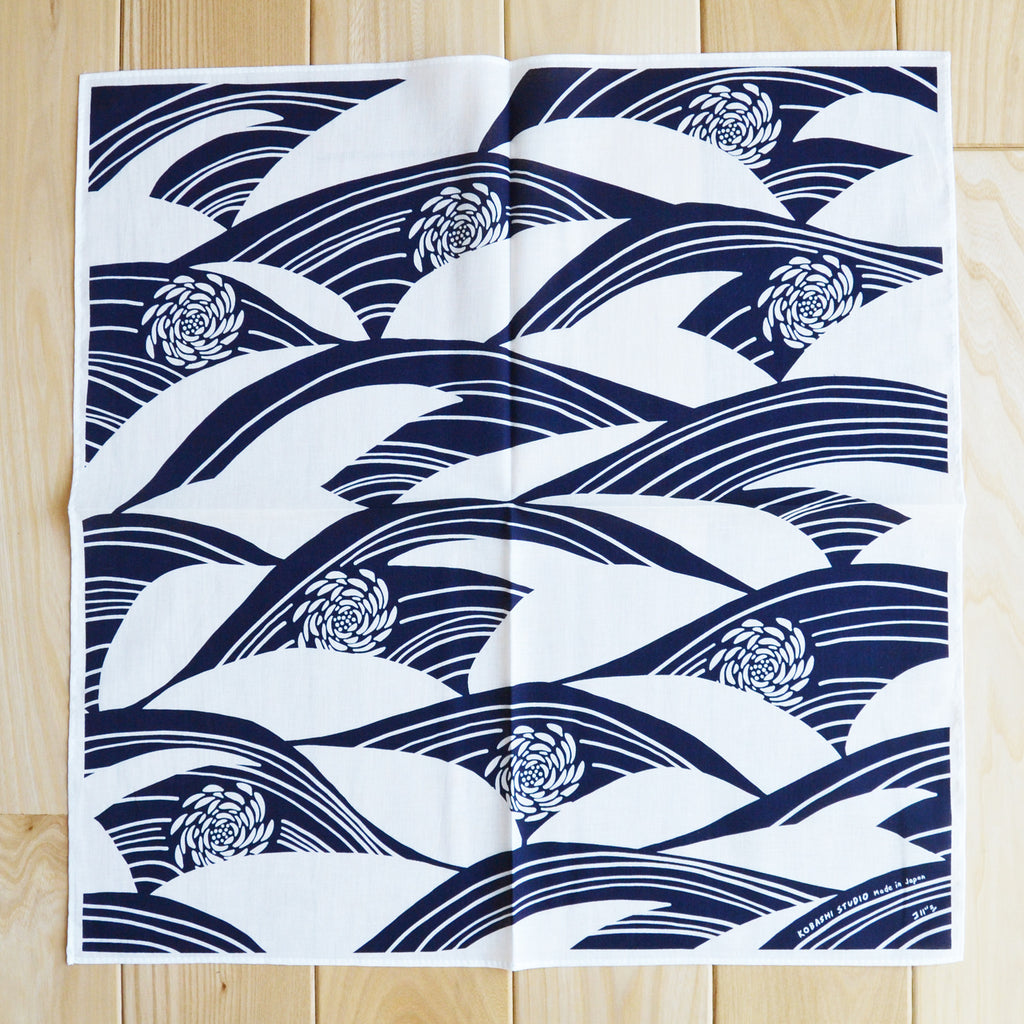 Japanese Chrysanthemum Bandana in White and Navy “Kiku-sui”