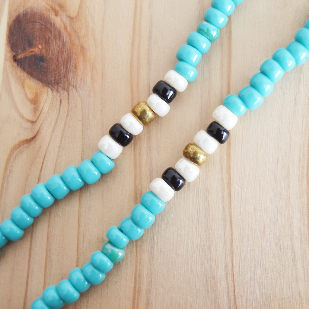 Japanese Beads Choker Necklace 5mm Turquoise/Off-White/Black