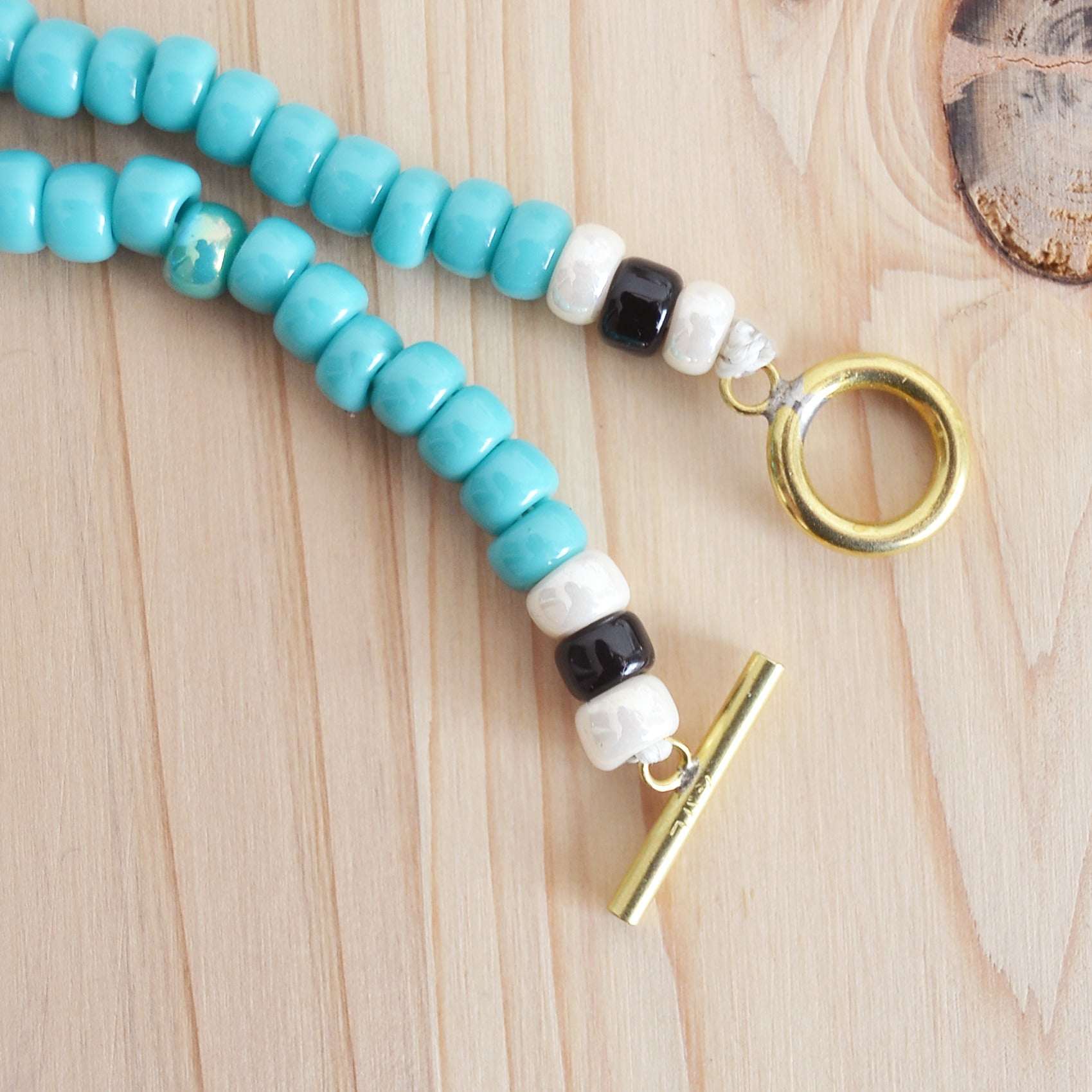 Japanese Beads Choker Necklace 5mm Turquoise/Off-White/Black