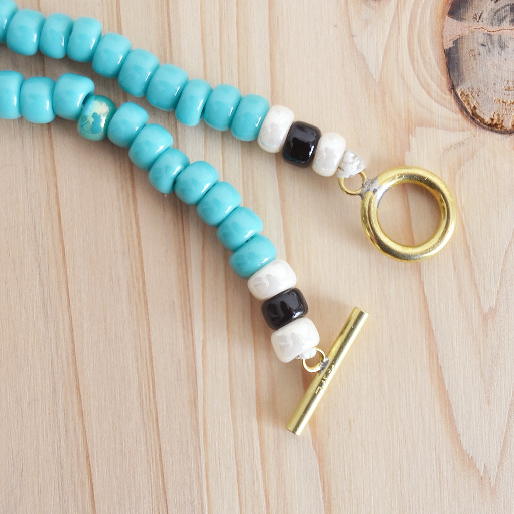 Japanese Beads Choker Necklace 5mm Turquoise/Off-White/Black