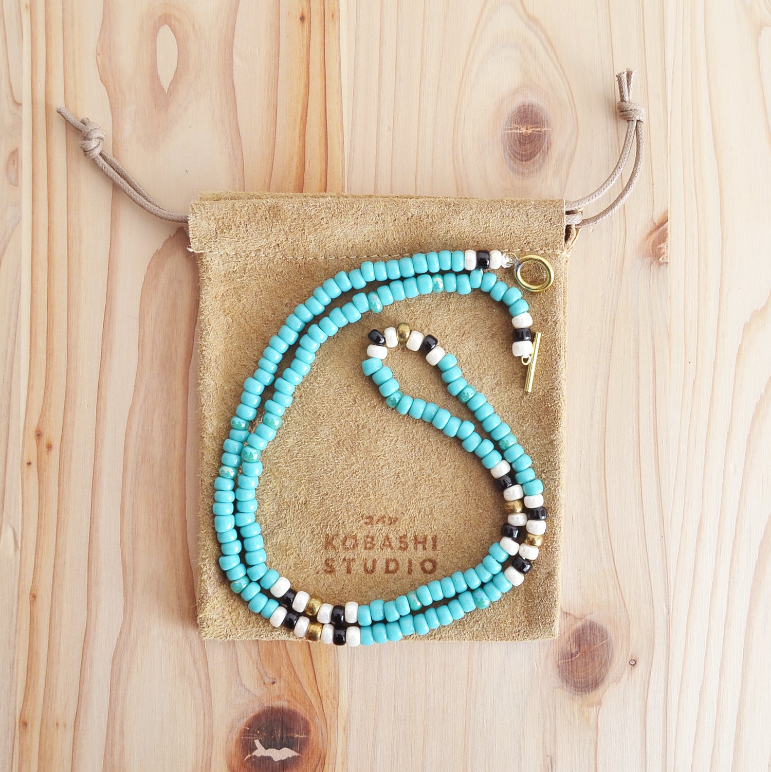 Japanese Beads Choker Necklace 5mm Turquoise/Off-White/Black