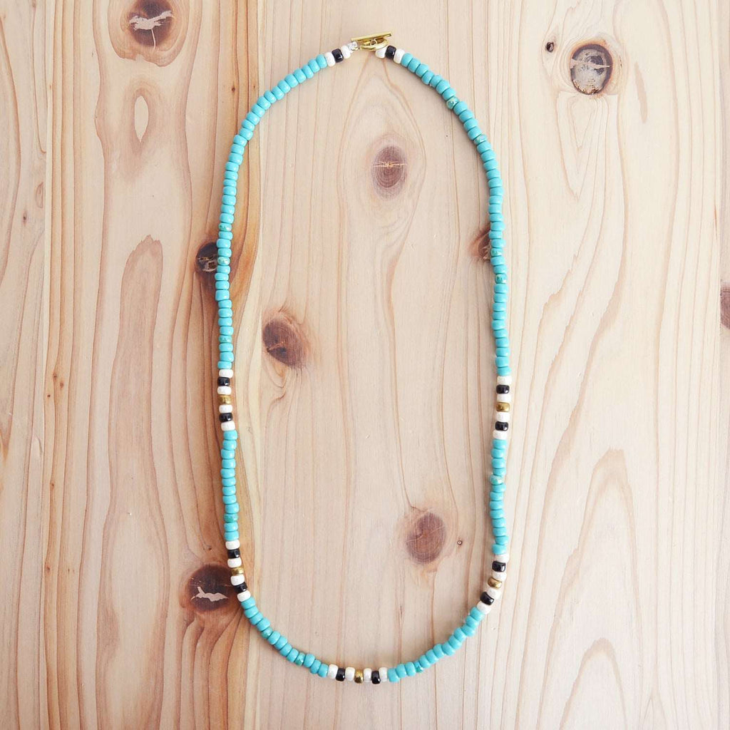 Japanese Beads Choker Necklace 5mm Turquoise/Off-White/Black