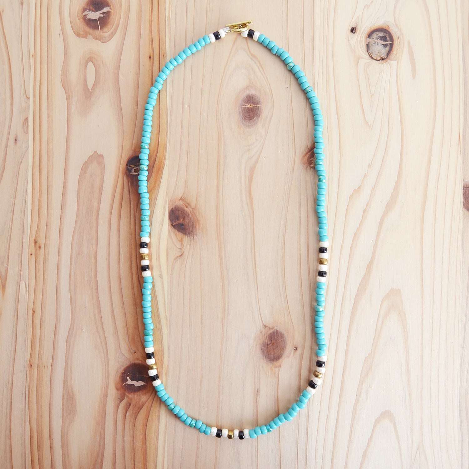 Japanese Beads Choker Necklace 5mm Turquoise/Off-White/Black