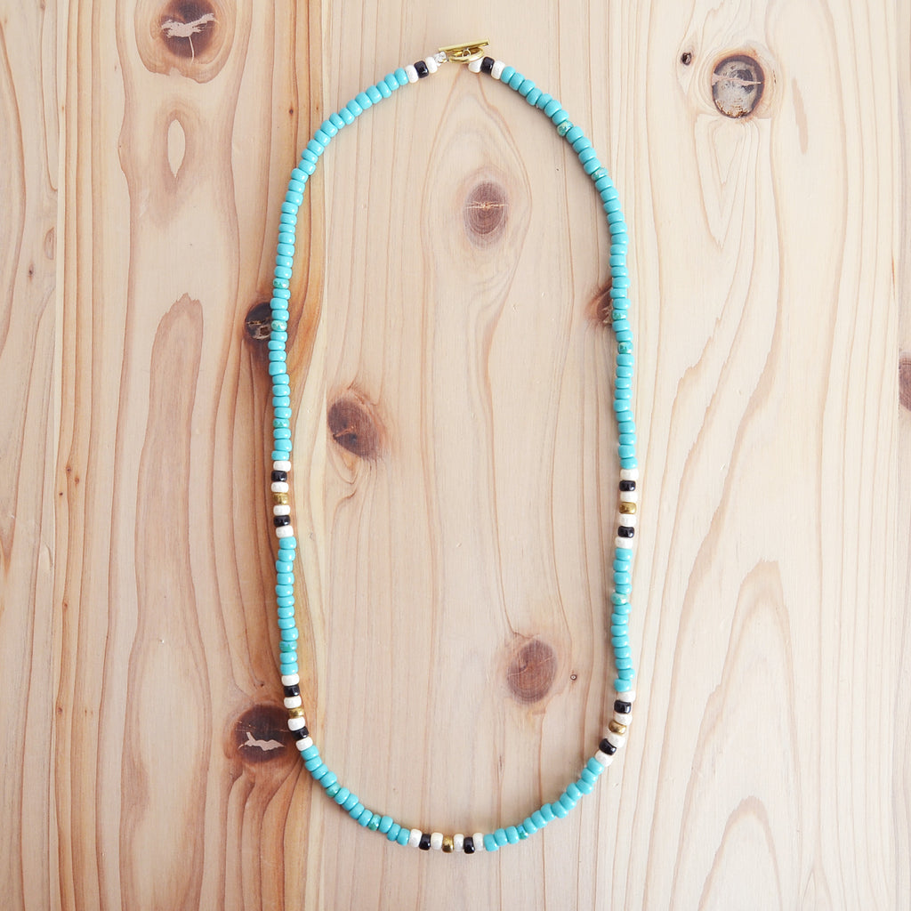 Japanese Beads Choker Necklace 5mm Turquoise/Off-White/Black