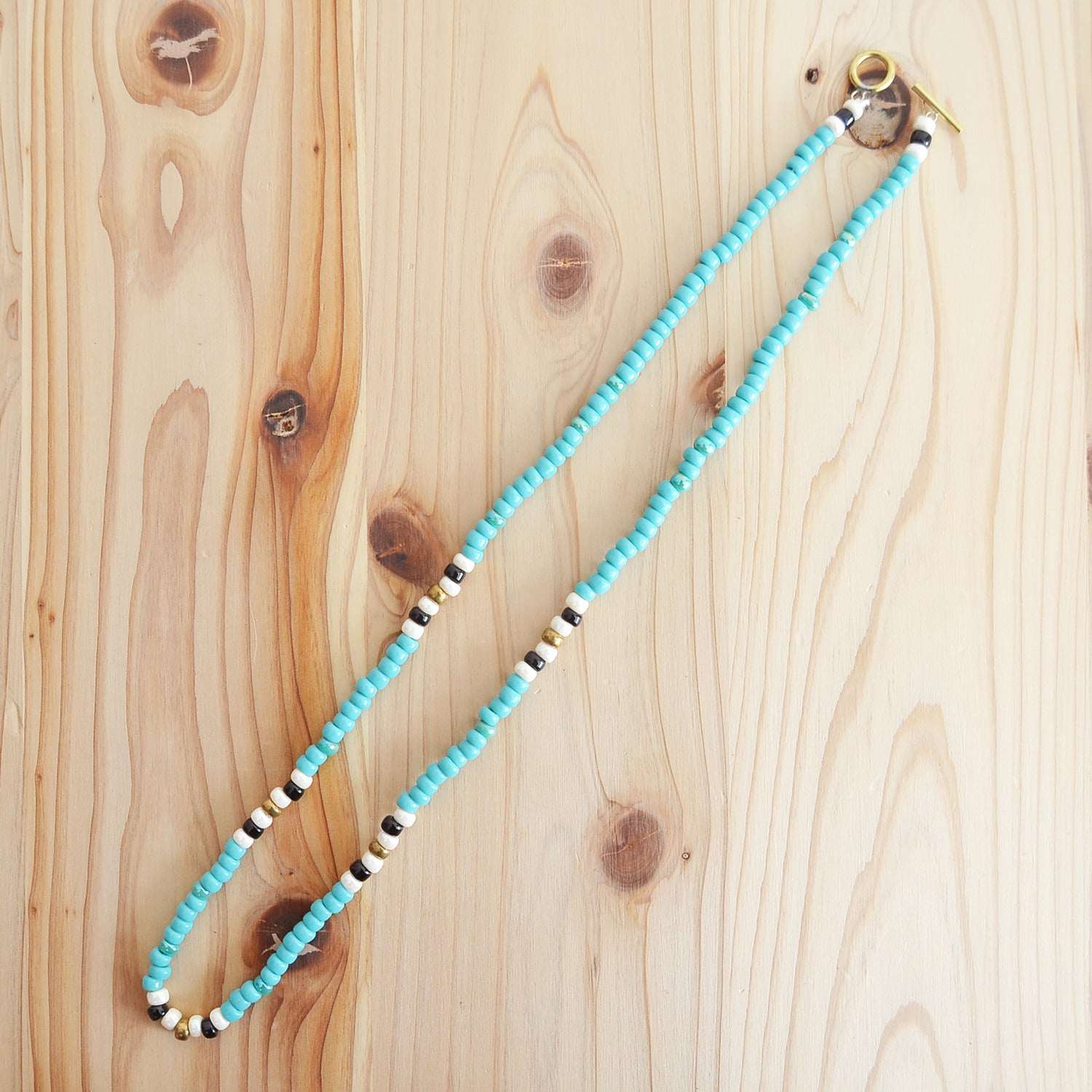 Japanese Beads Choker Necklace 5mm Turquoise/Off-White/Black