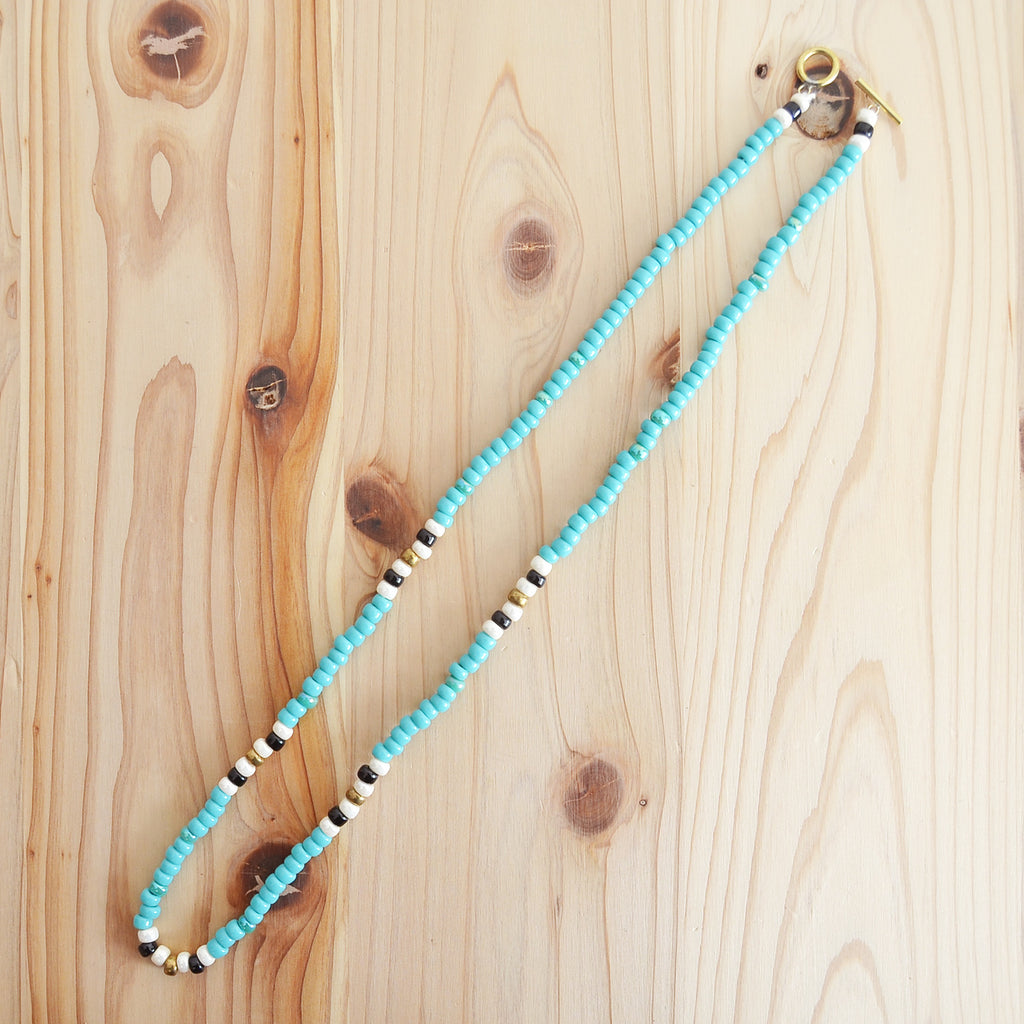 Japanese Beads Choker Necklace 5mm Turquoise/Off-White/Black