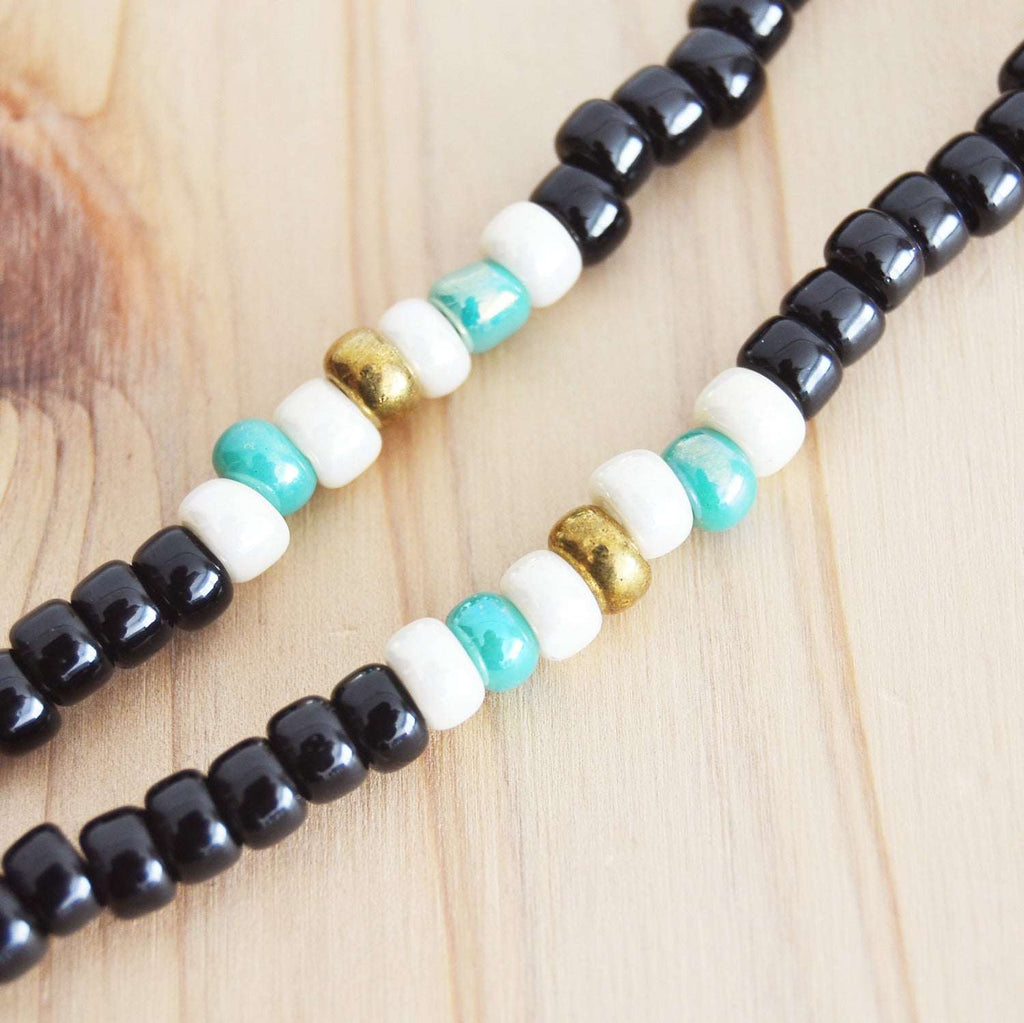 Japanese Beads Choker Necklace 5mm Black/Off-White/Turquoise
