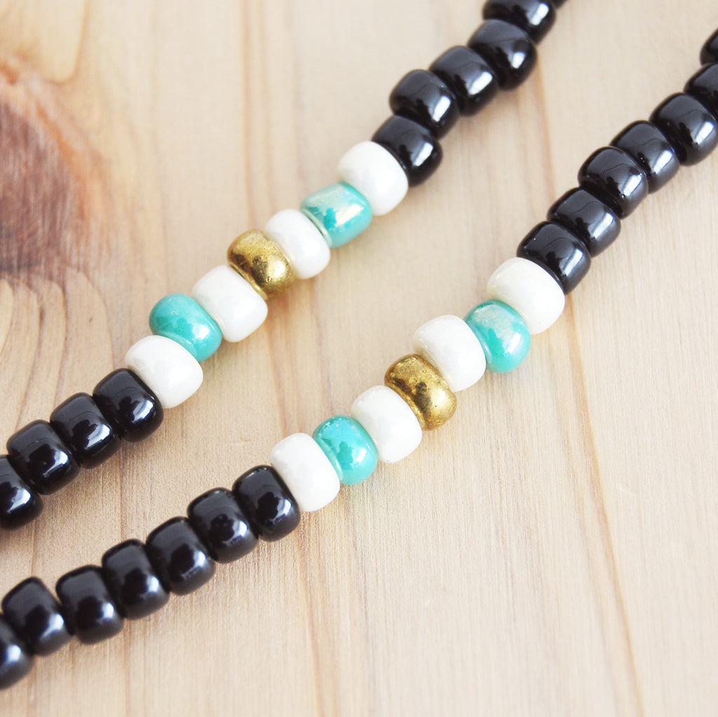 Japanese Beads Choker Necklace 5mm Black/Off-White/Turquoise