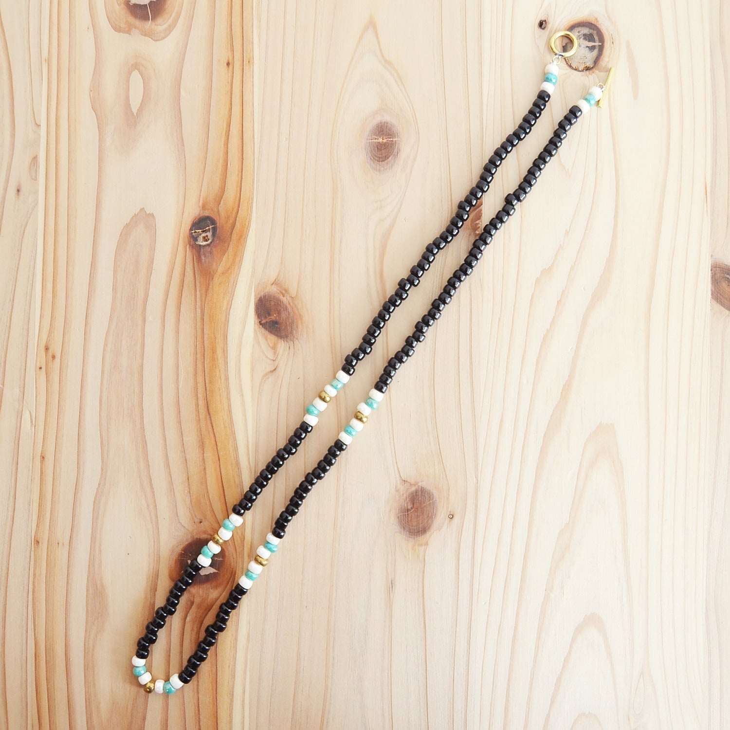 Japanese Beads Choker Necklace 5mm Black/Off-White/Turquoise