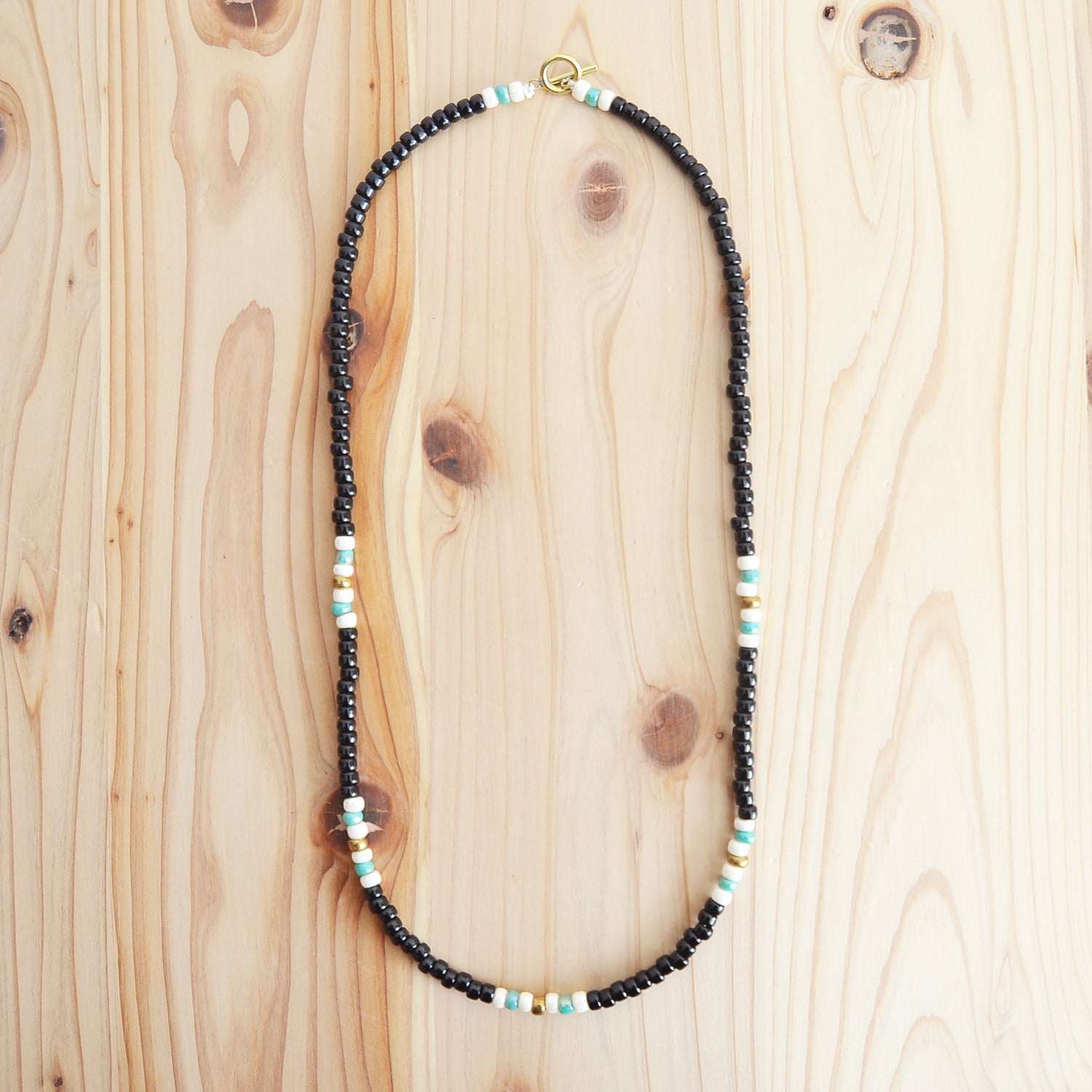 Japanese Beads Choker Necklace 5mm Black/Off-White/Turquoise