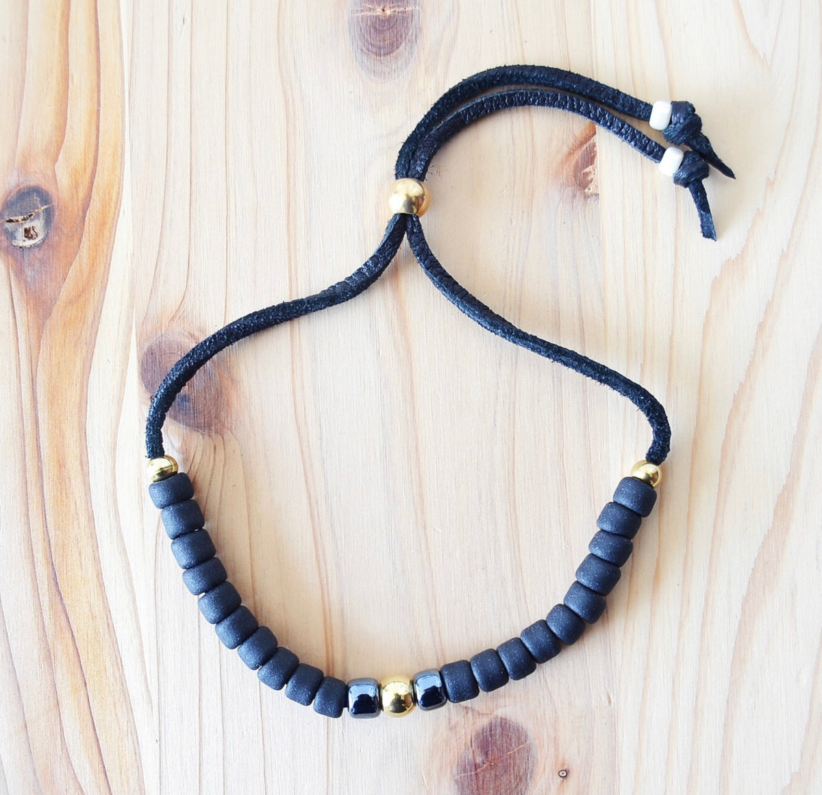 Japanese Beads Bracelet 7mm Matte Black/Gunmetal-Blue